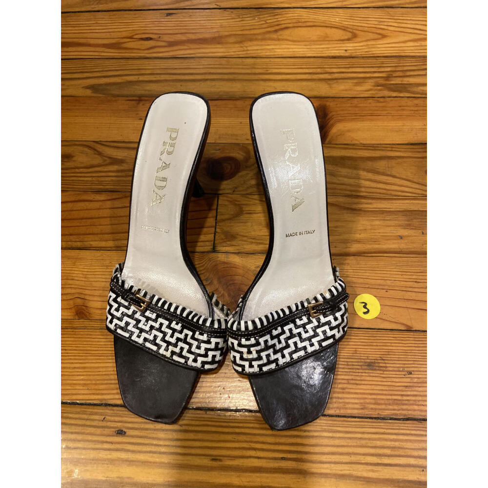 Prada Black & White Woven Mule Heeled Sandals Slides | Size 36 | Made in Italy